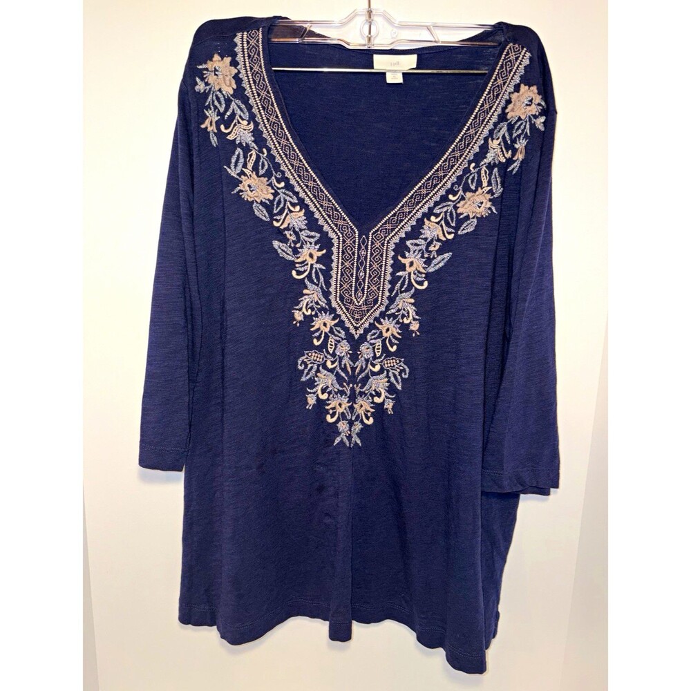 J. Jill Women’s Blue Floral Embroidered V-Neck Knit Pullover Top XL